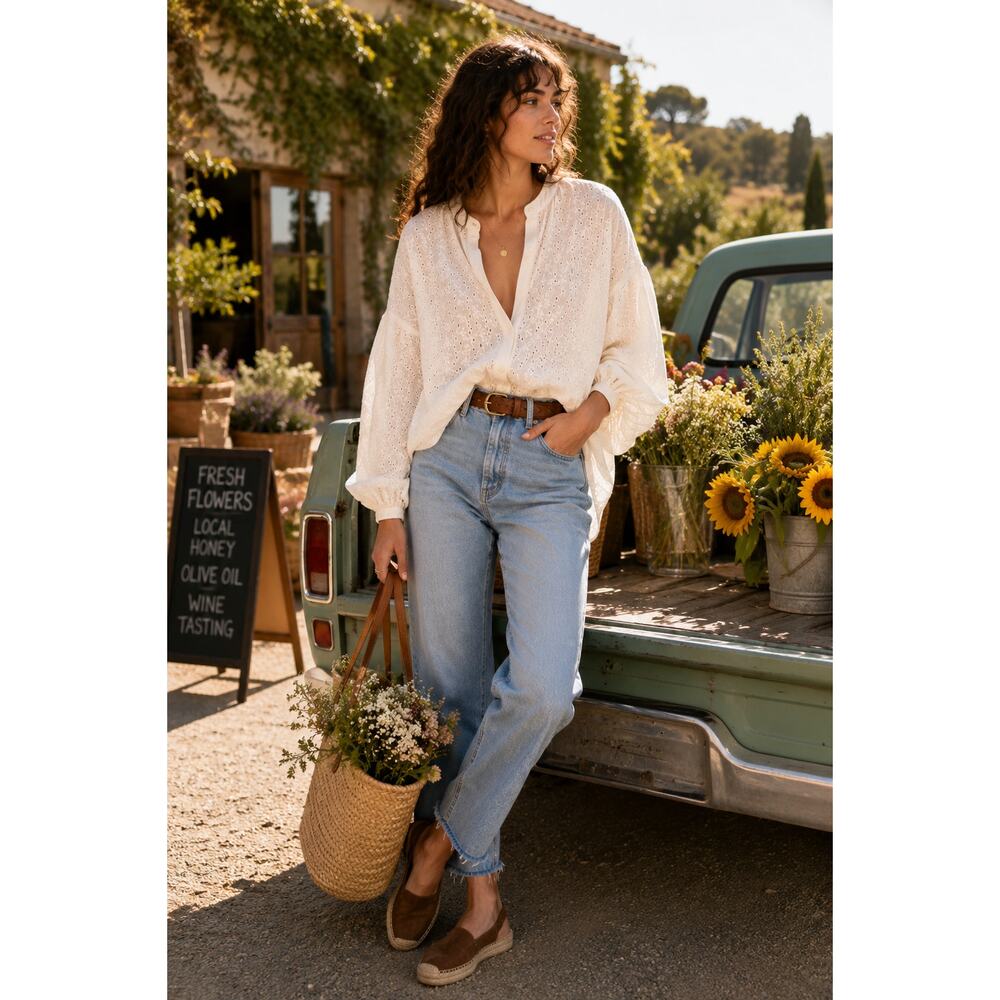 Free People Maddison Eyelet Cotton Blouse Ivory white Oversized Balloon XL - Picture 15 of 15